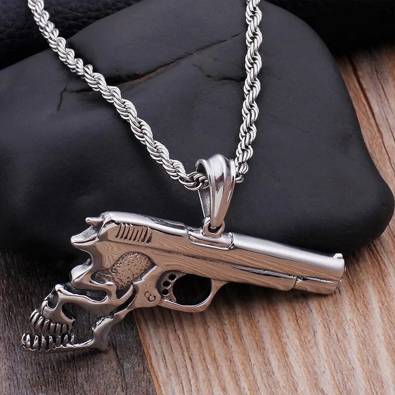 Hip Hop Pistol Skull Pendant Necklace