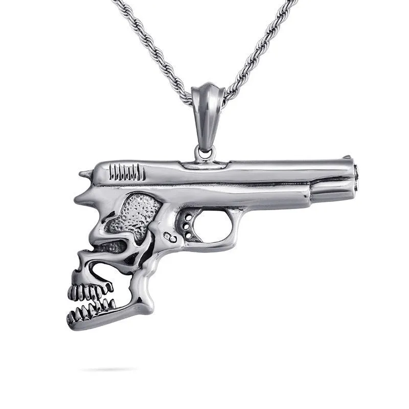 Hip Hop Pistol Skull Pendant Necklace