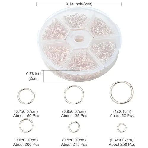 Jump Rings, Iron, Round, Open, Assorted, Rose Gold, 4-10x0.7-1mm, Variety Pack