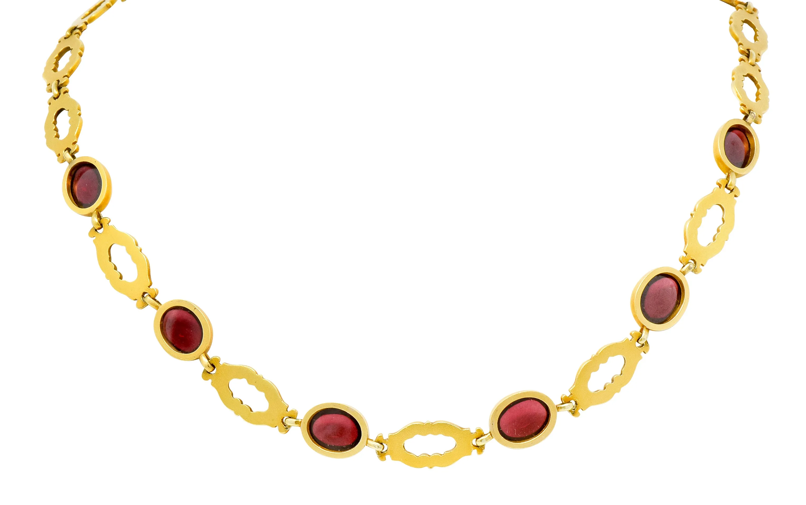 Late Victorian Rhodolite Garnet Cabochon 14 Karat Gold Scrolled Foliate Collar Necklace