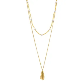 Layered Pendant and Pearl Bead Necklace gold