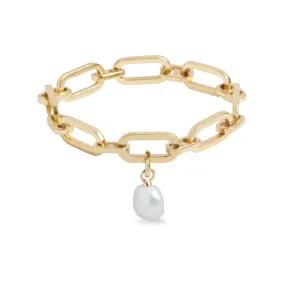 Link Chain Bracelet and Baroque Pearl Charm Gold Set