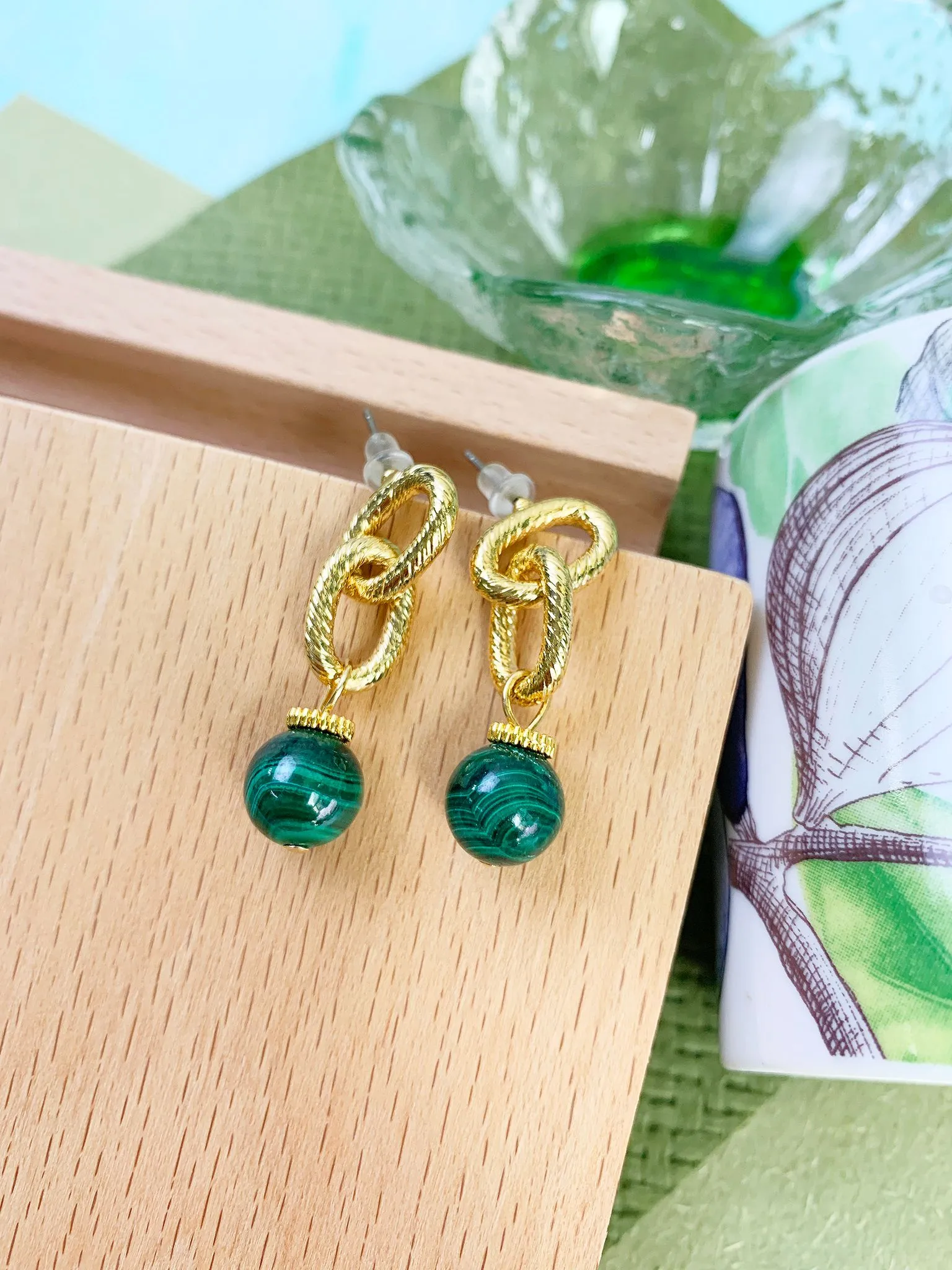 Malachite Chain Minimalist Earrings GE013