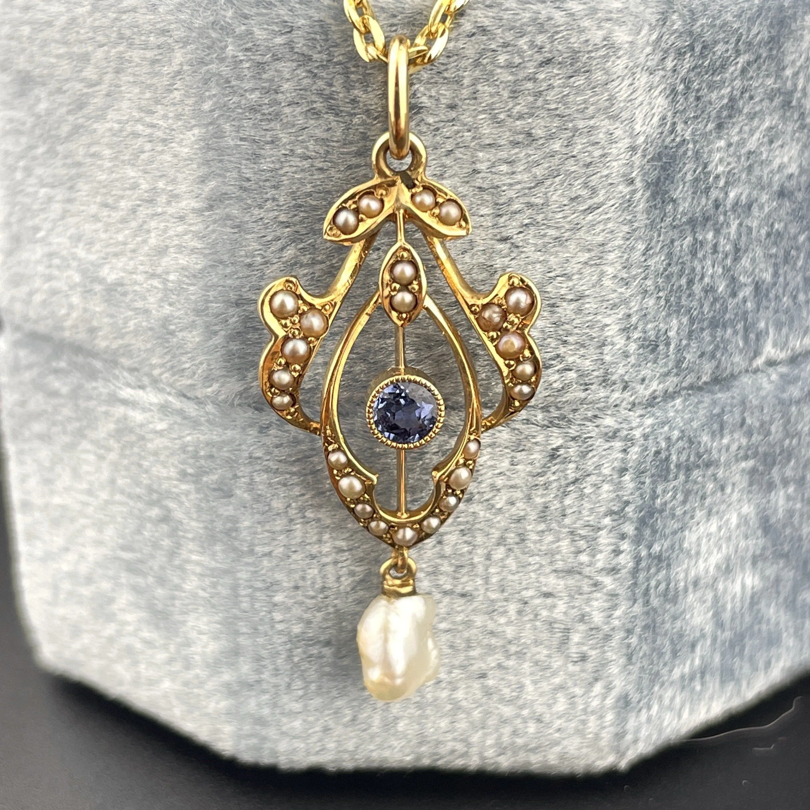 ON HOLD Art Nouveau 14K Gold Blue Sapphire Pearl Lavaliere Pendant Necklace