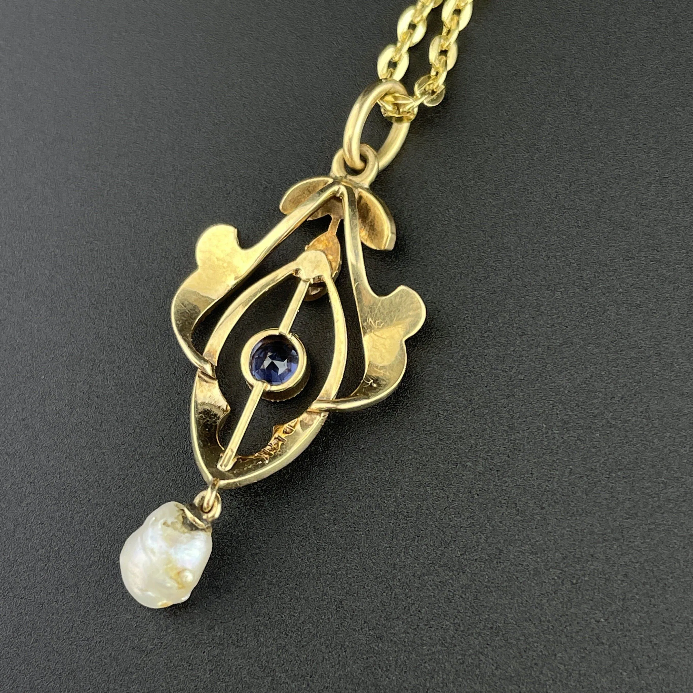 ON HOLD Art Nouveau 14K Gold Blue Sapphire Pearl Lavaliere Pendant Necklace