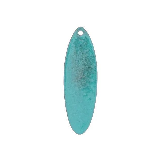 Pendant, Elongated Oval with Tree Design 45x14.5mm, Enameled Brass Spruce Green Blue with White, by Gardanne Beads (1 Piece)