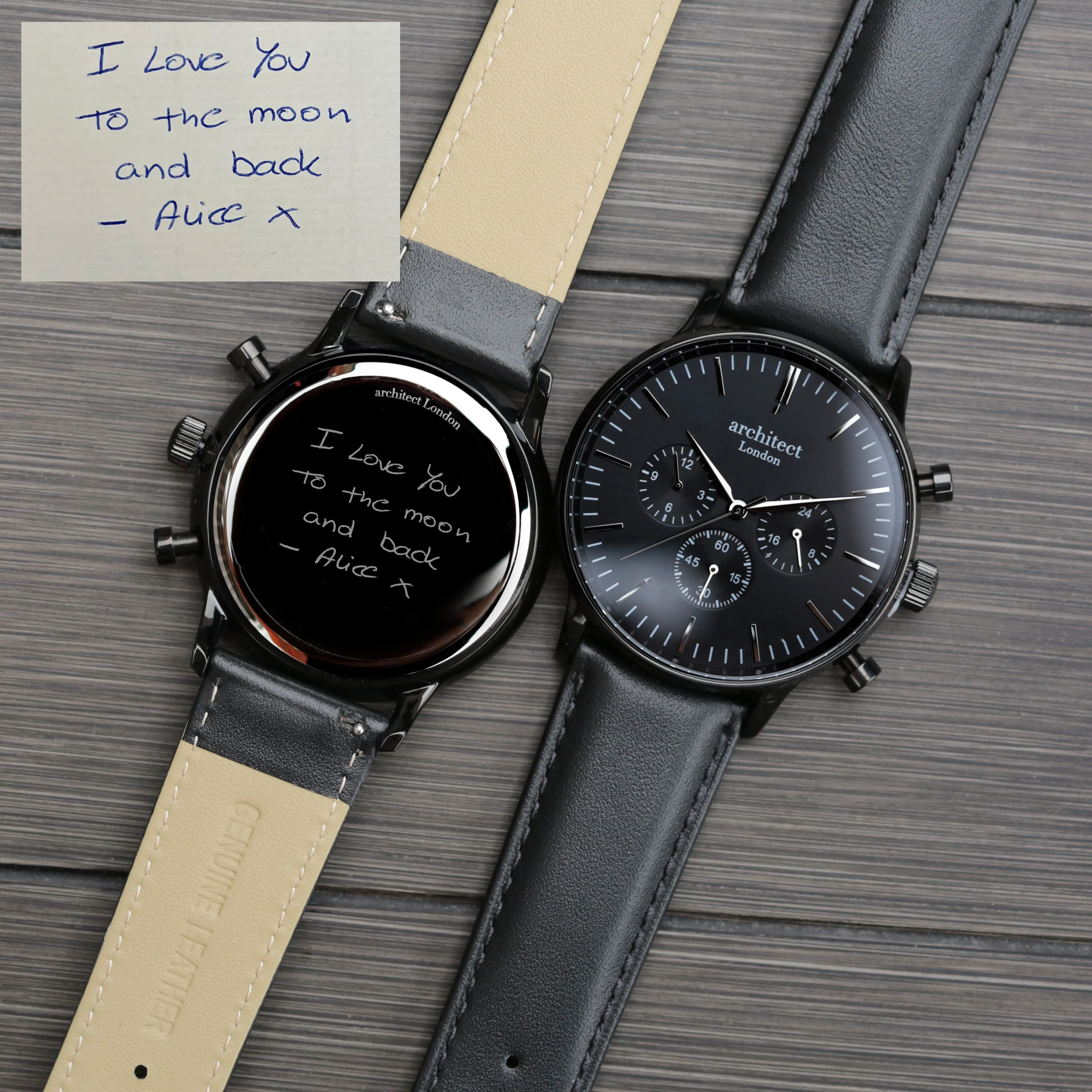 Personalised Handwriting Engraved Men's Architect Motivator Watch in Black with Black Leather Strap