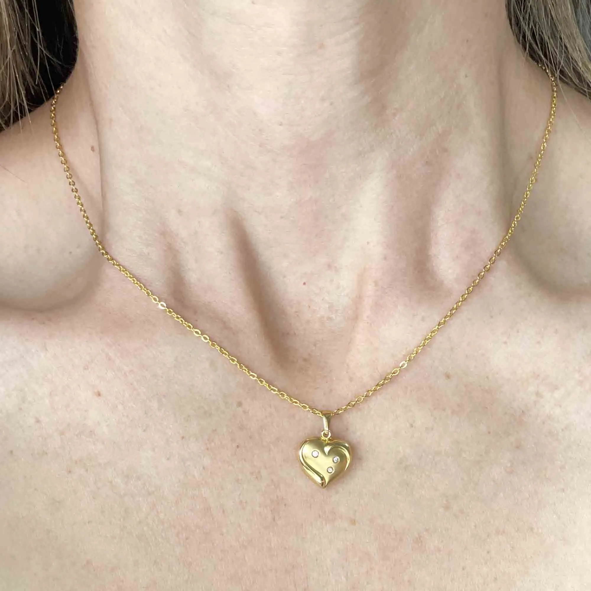 Solid 14K Gold Diamond Puffy Heart Pendant Necklace