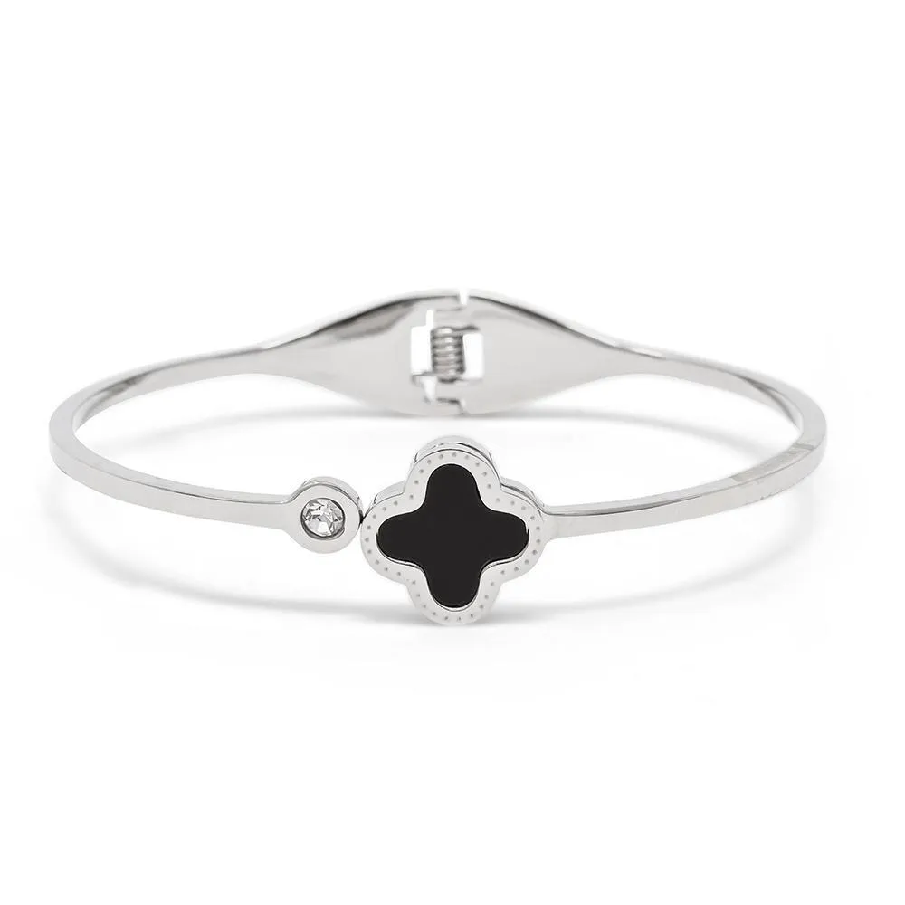 Stainless Steel Onyx/Crystal Flower Bangle