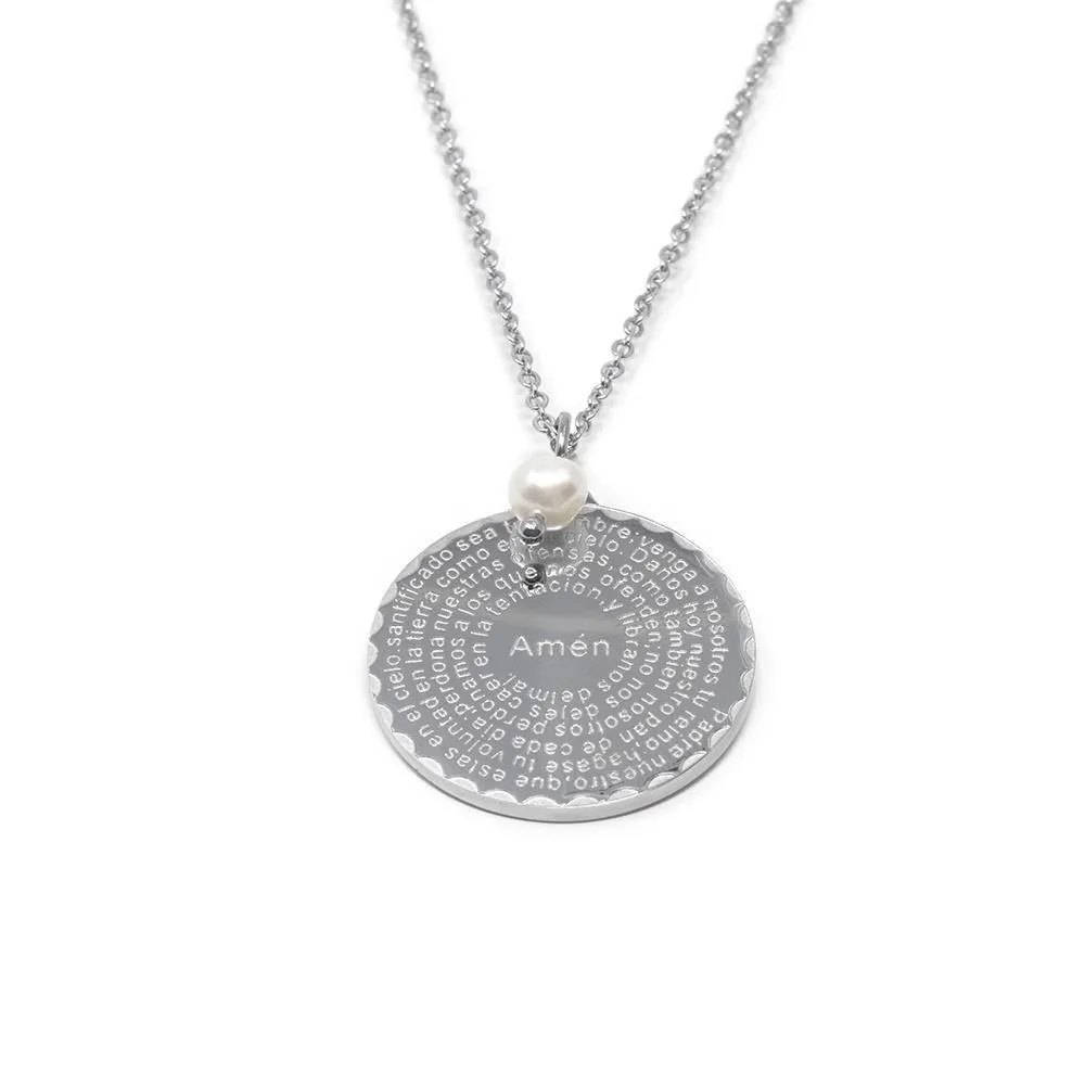 Stainless Steel Pearl Prayer Disc Necklace