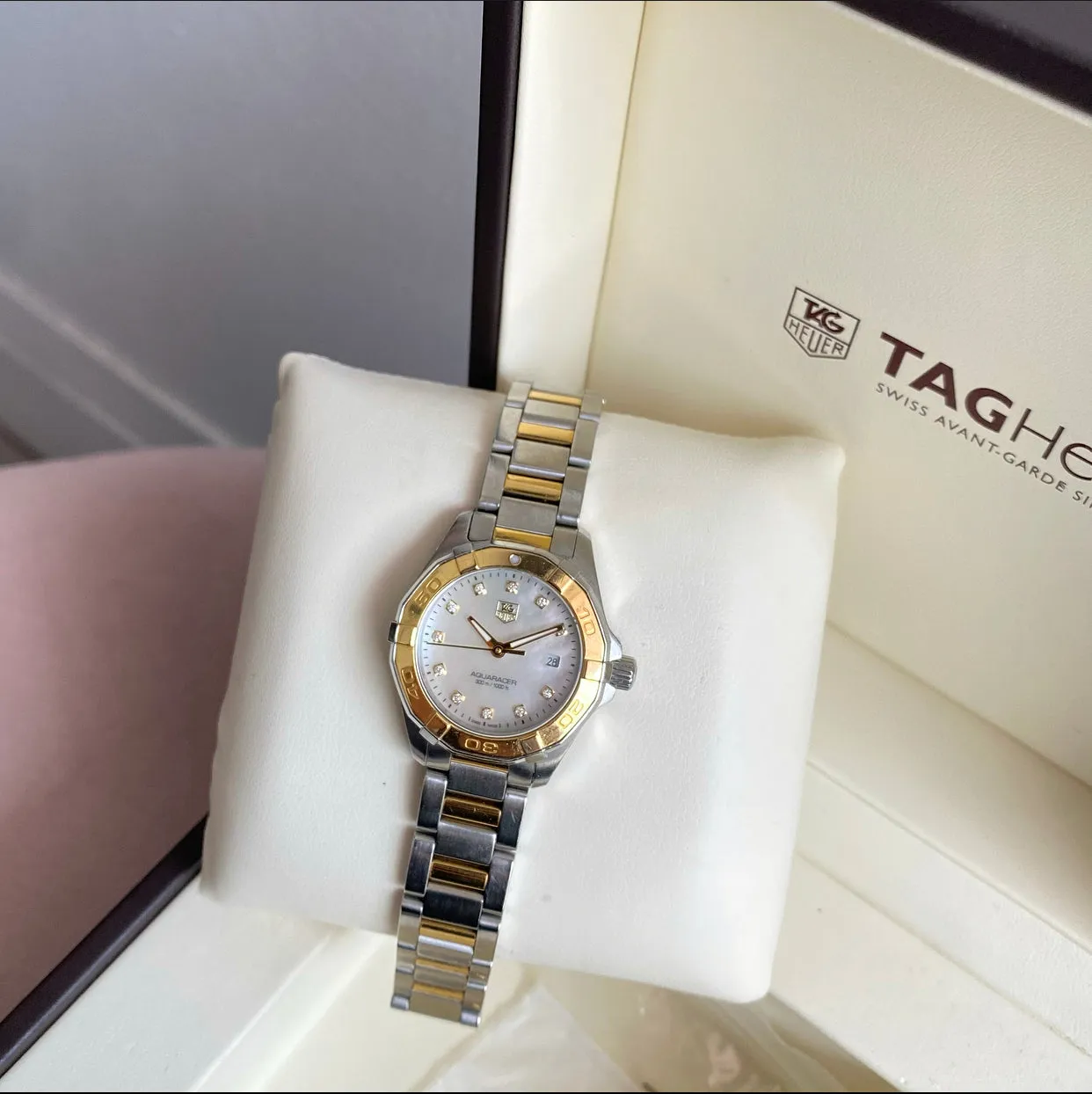 Tag Heuer Ladies Aqua Racer Mother of Pearl Diamond Two Tone Watch