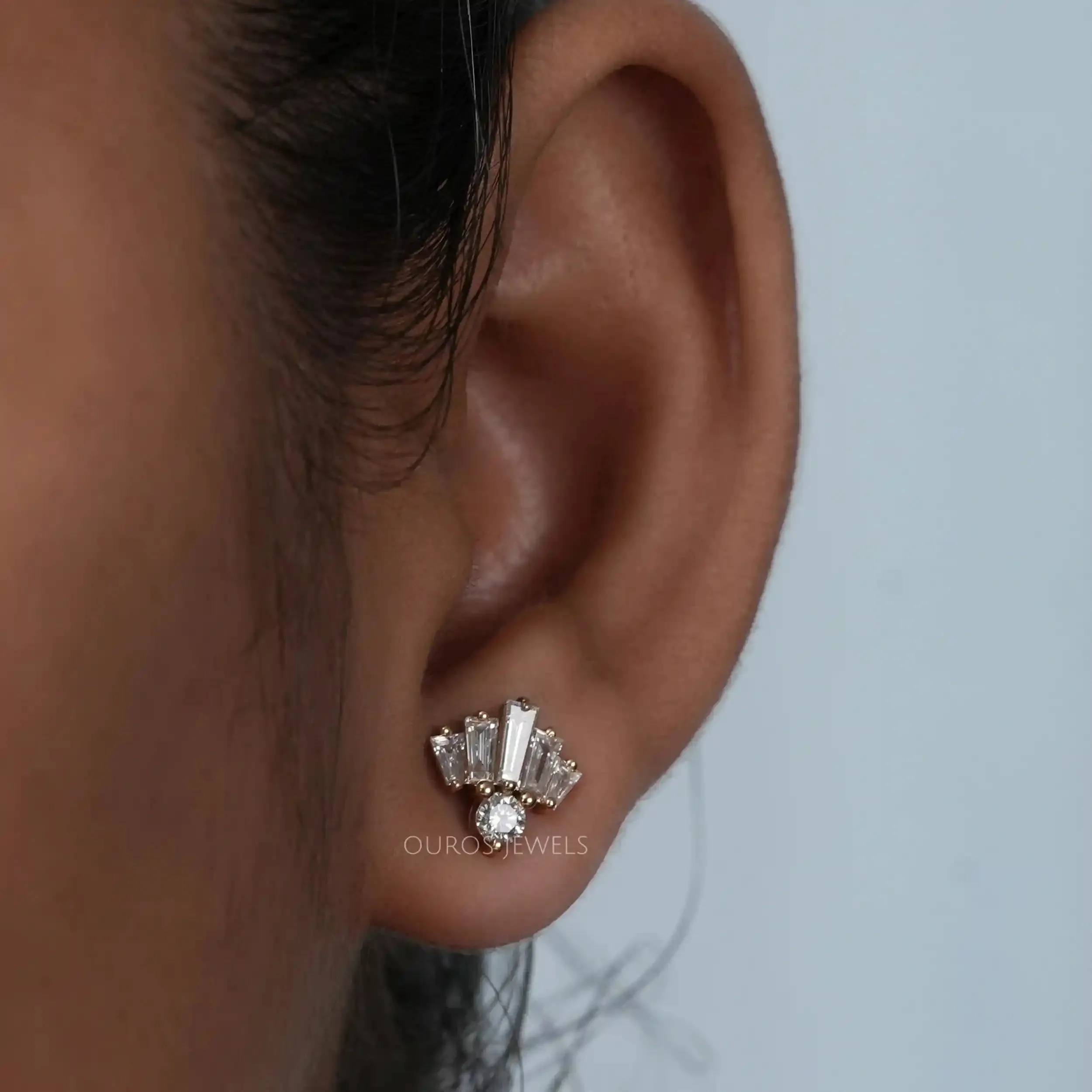 Tapered Baguette And  Round Cut Lab Diamond Stud Earrings