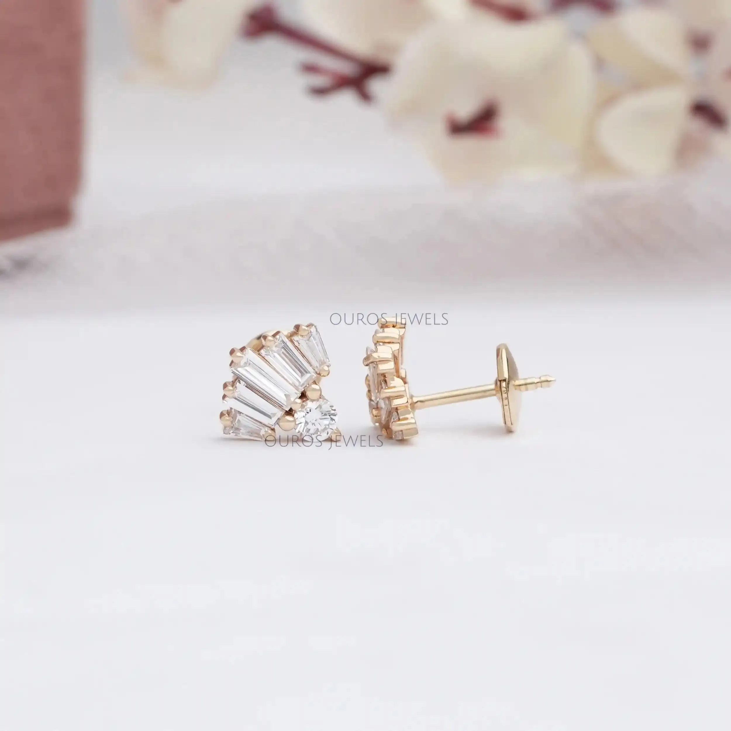 Tapered Baguette And  Round Cut Lab Diamond Stud Earrings