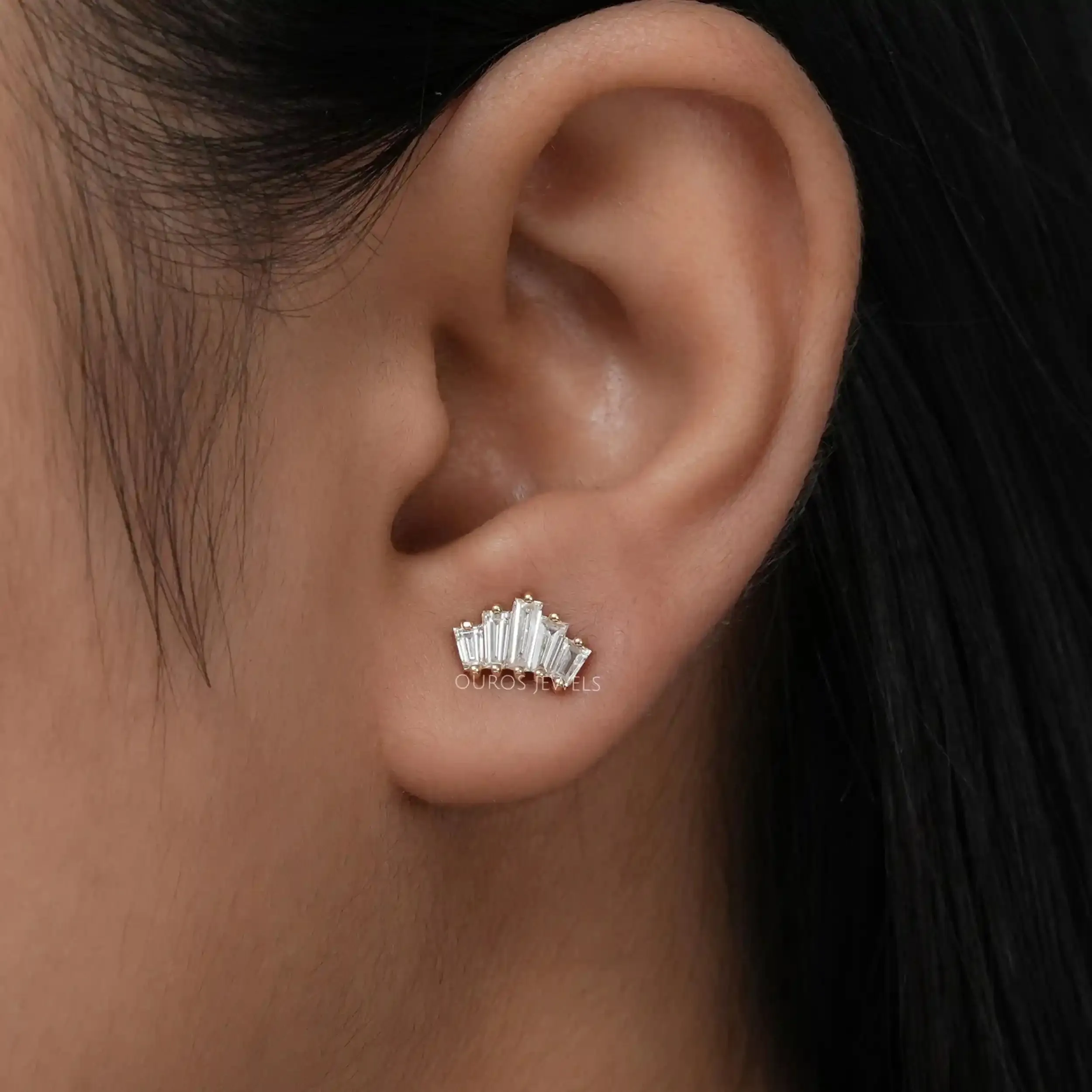 Tapered Baguette And  Round Cut Lab Diamond Stud Earrings