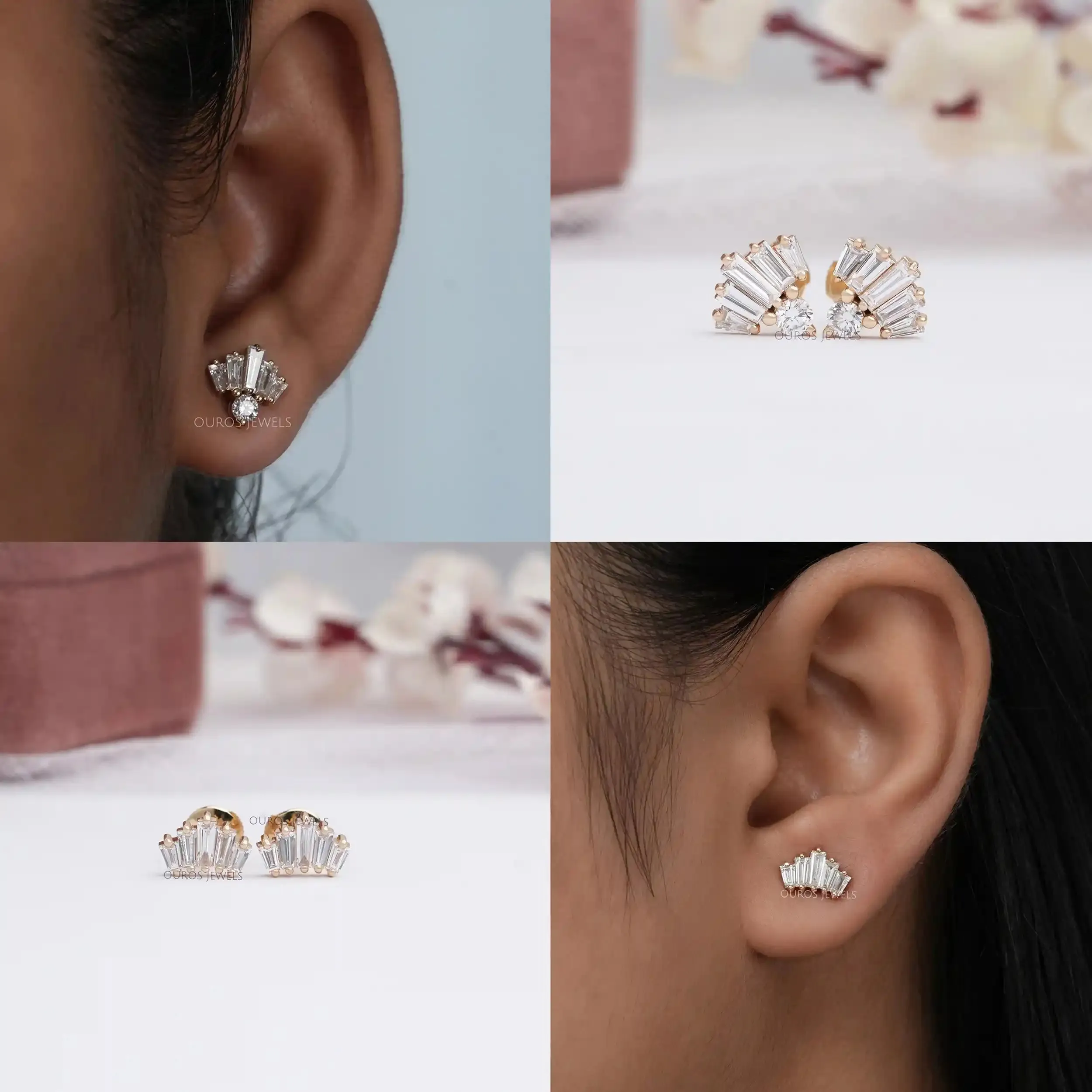 Tapered Baguette And  Round Cut Lab Diamond Stud Earrings