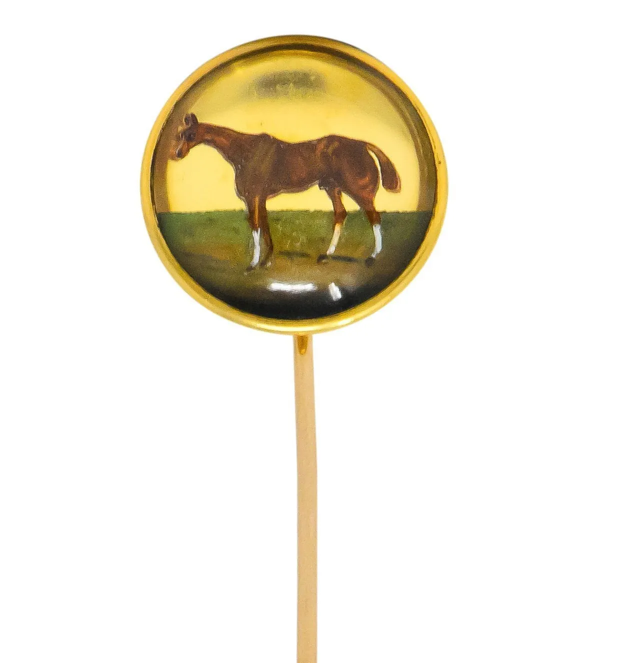 Tiffany & Co. Victorian Painted Reverse Carved Rock Crystal 18 Karat Gold Horse Stickpin