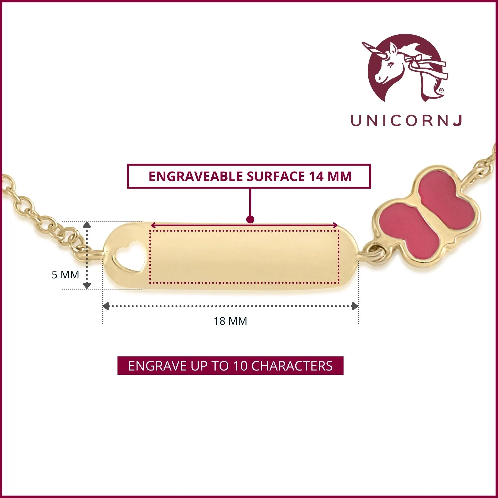 UNICORNJ 14K Yellow Gold Childrens ID Bracelet with Butterfly Charm Red Enamel 5.5 Italy