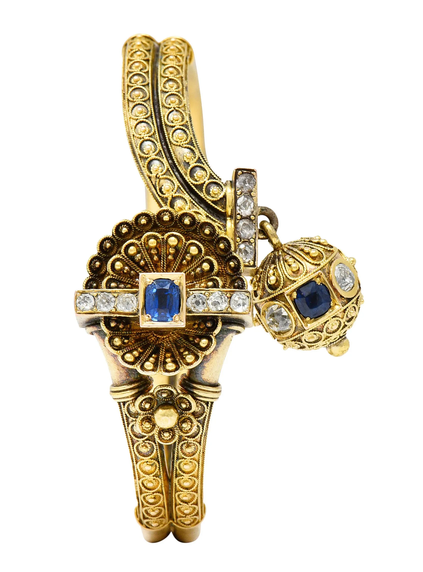 Victorian Etruscan Revival Sapphire Diamond 14 Karat Gold Cuff Bracelet