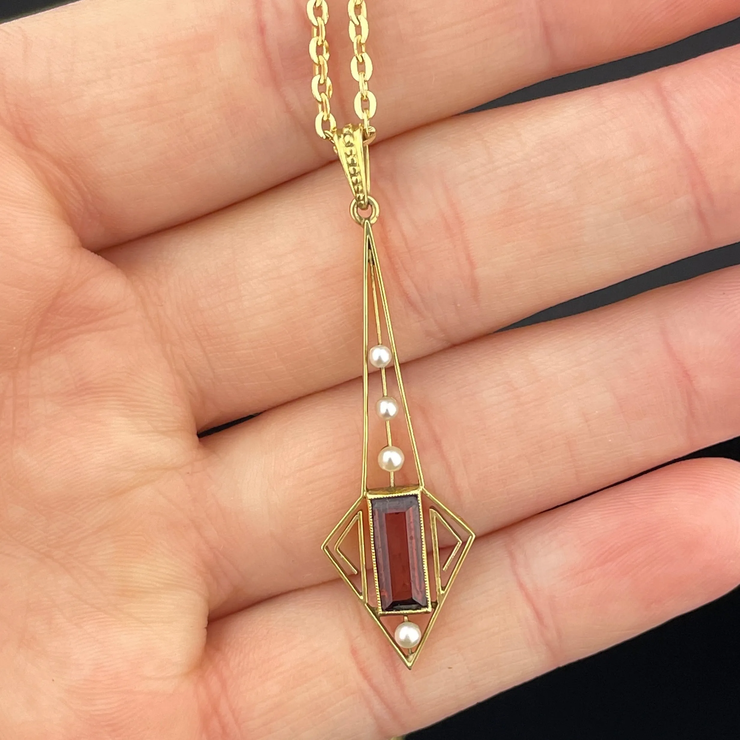 Vintage 10K Gold Art Deco Garnet Seed Pearl Pendant Necklace