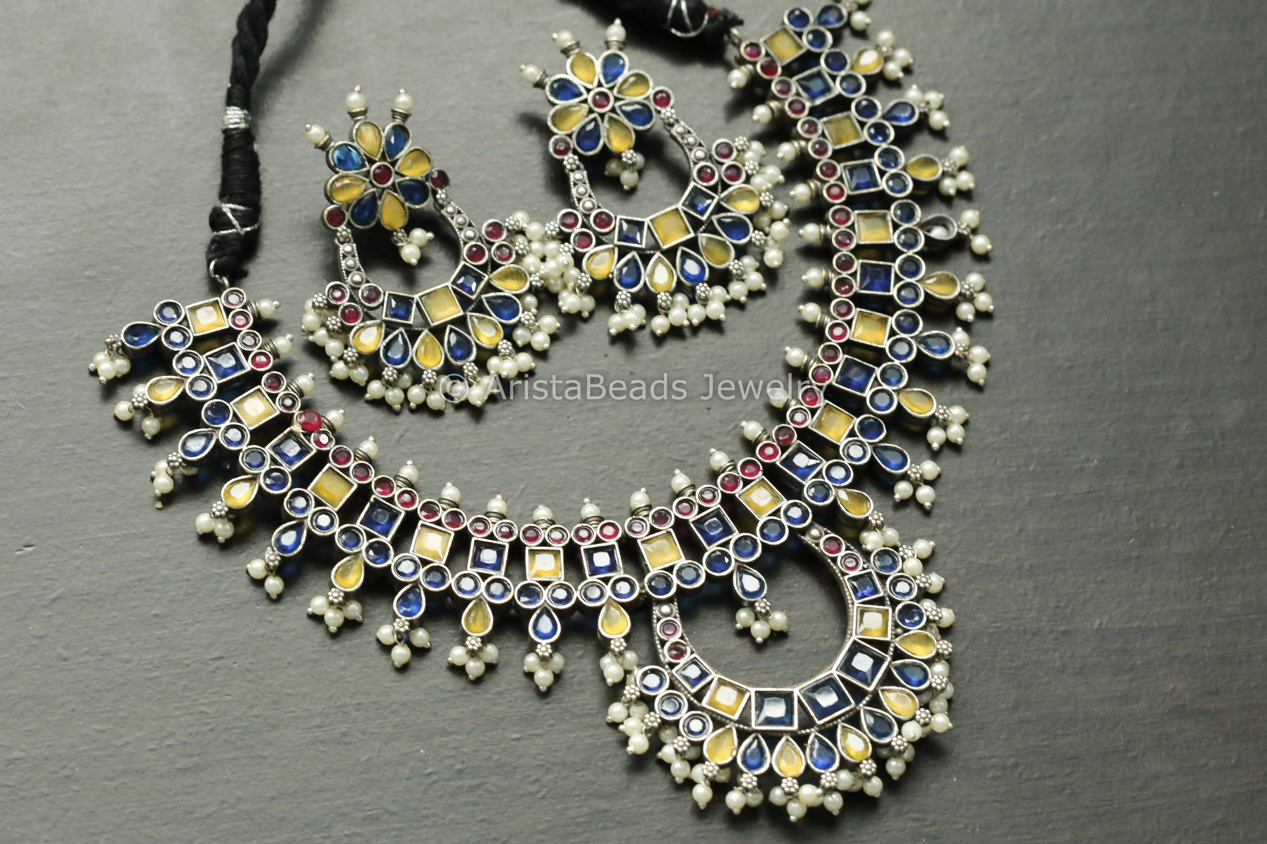 Yellow Blue Red Oxidized Chandbaali Necklace Set