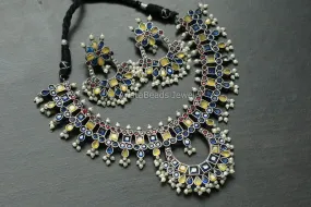 Yellow Blue Red Oxidized Chandbaali Necklace Set