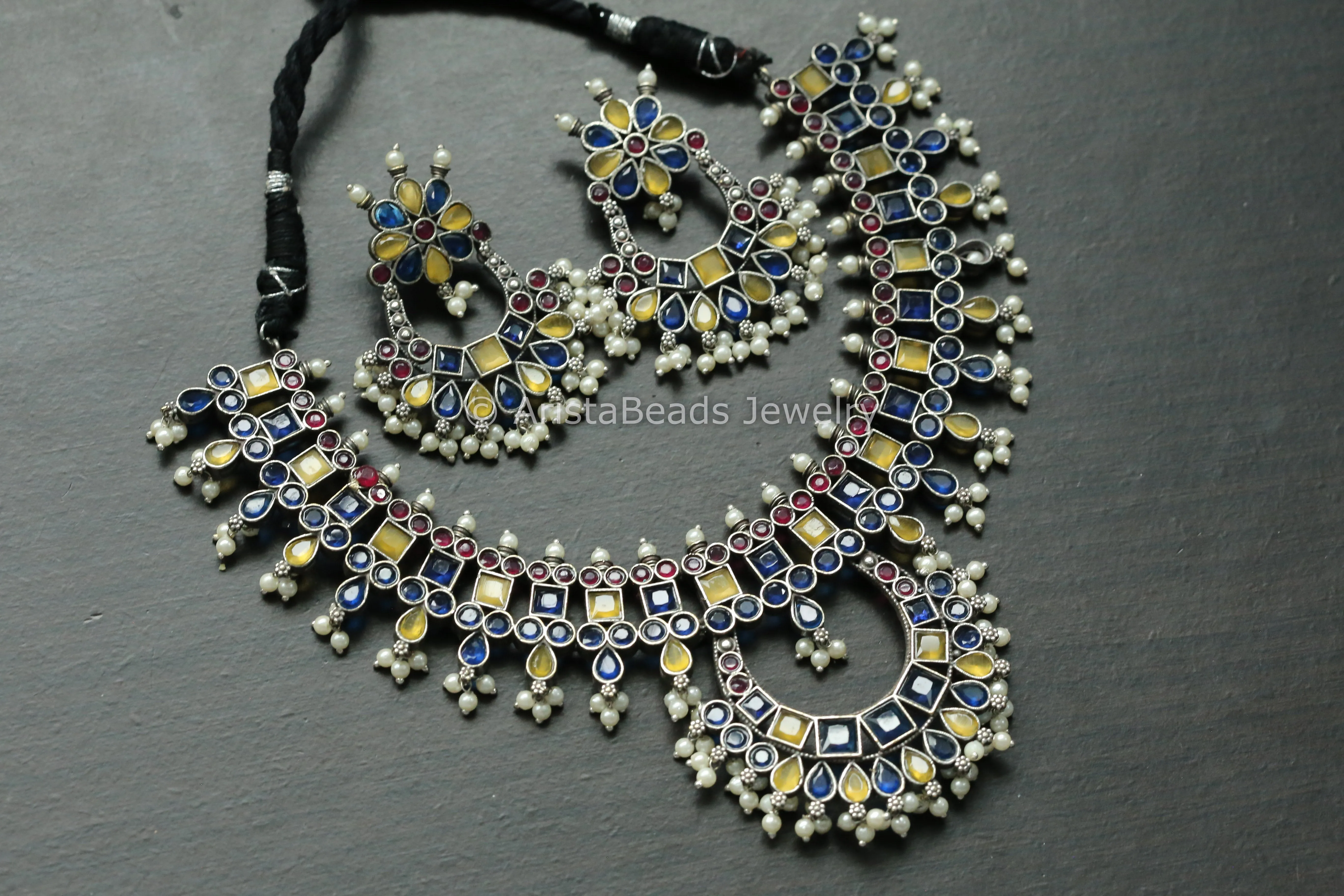 Yellow Blue Red Oxidized Chandbaali Necklace Set